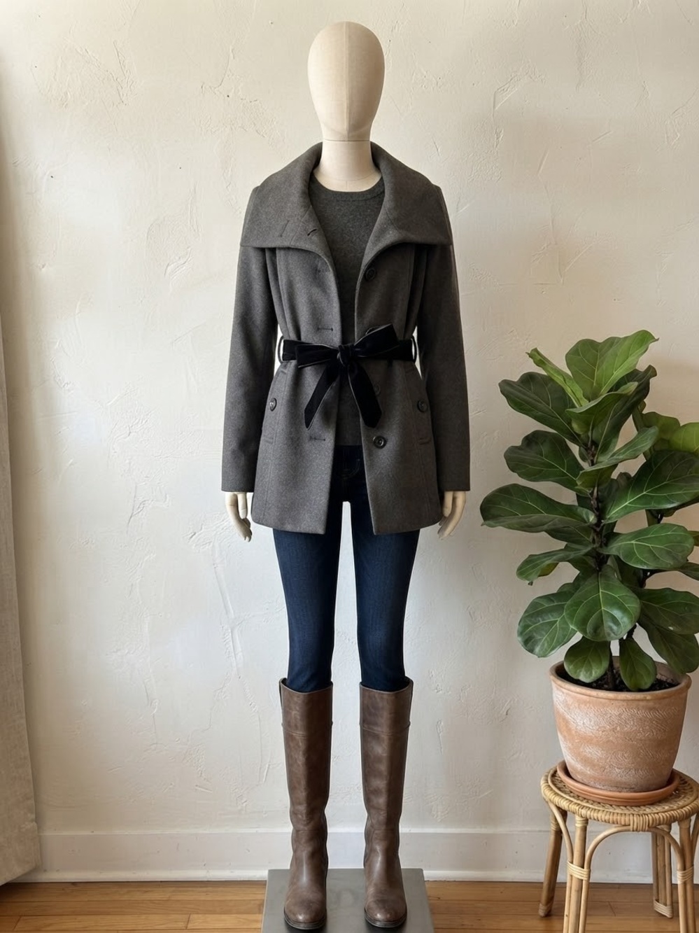 Nine West Gray Double-Breasted Wool Peacoat with Velvet Tie Belt